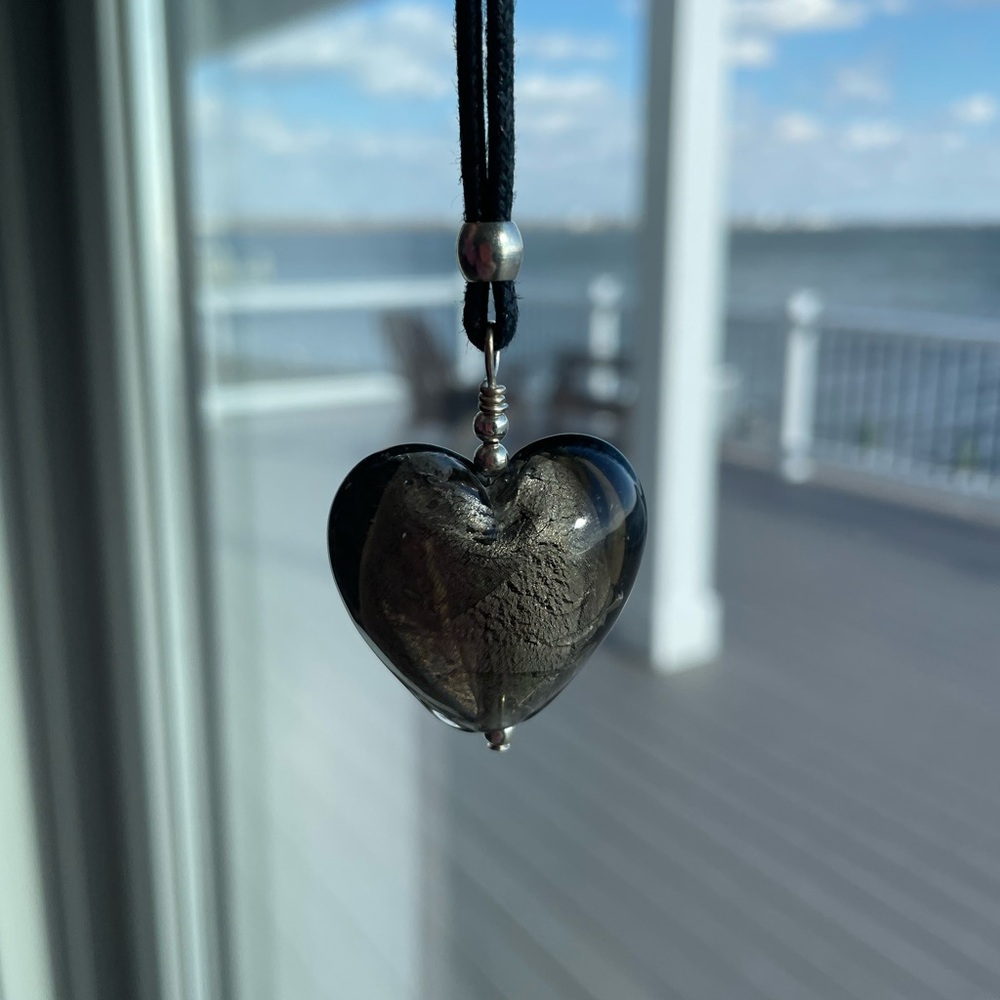 Handmade Smokey Grey Colored Foil Lined Glass Heart Necklace on 18” Cord